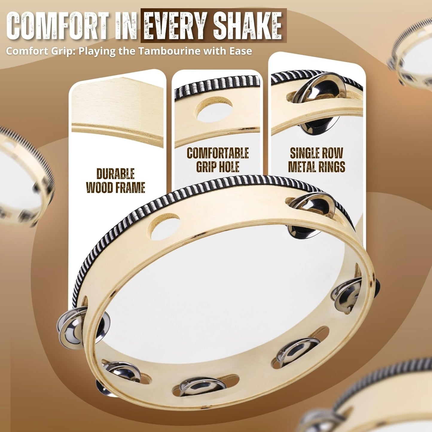 Flexzion Wooden Round Tambourine for Kids and Adults 10" Inch Single Row 8 Pair Jingles, Wood Handheld Percussion Instrument for Beginner and Professional Tambourine Player