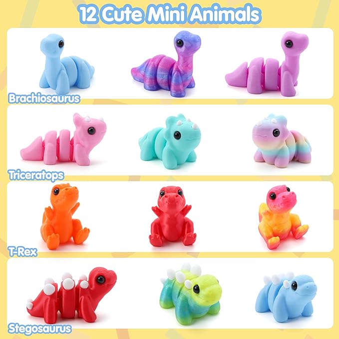 JOYIN 12 Pcs 3D Printed Dinosaur Animals Set, Mini Animals 3D Printed Toys - Cute Articulated Flexible Figurines Fidget Toys for Party Favors Birthday Gifts Desk Pets Office Home Decor