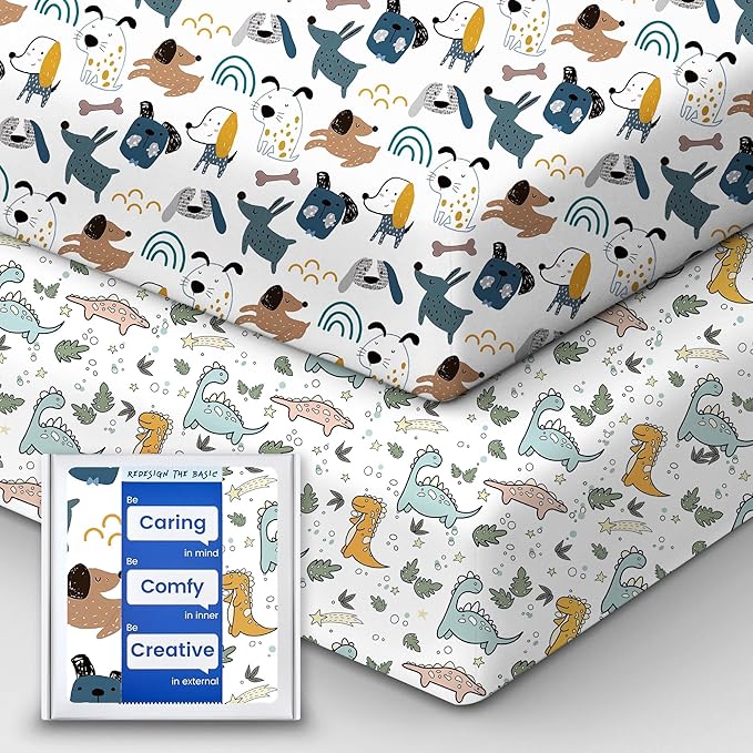 Pack and Play Sheets Fitted, Ultra Soft Mini Crib Sheets Boy, Neutral Pack N Play Mattress Sheets Hypoallergenic and Soothing, Premium Jersey Playrad Sheets, Print Dino Animals, 2 Pack