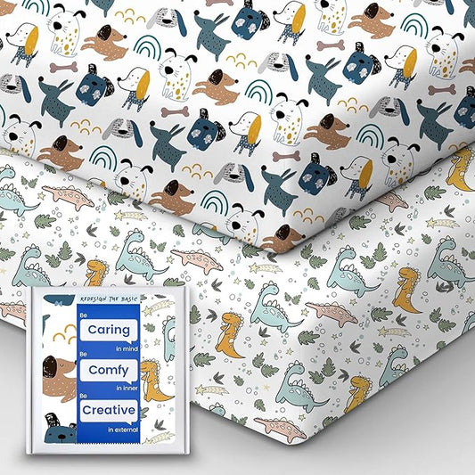 Pack and Play Sheets Fitted, Ultra Soft Mini Crib Sheets Boy, Neutral Pack N Play Mattress Sheets Hypoallergenic and Soothing, Premium Jersey Playrad Sheets, Print Dino Animals, 2 Pack