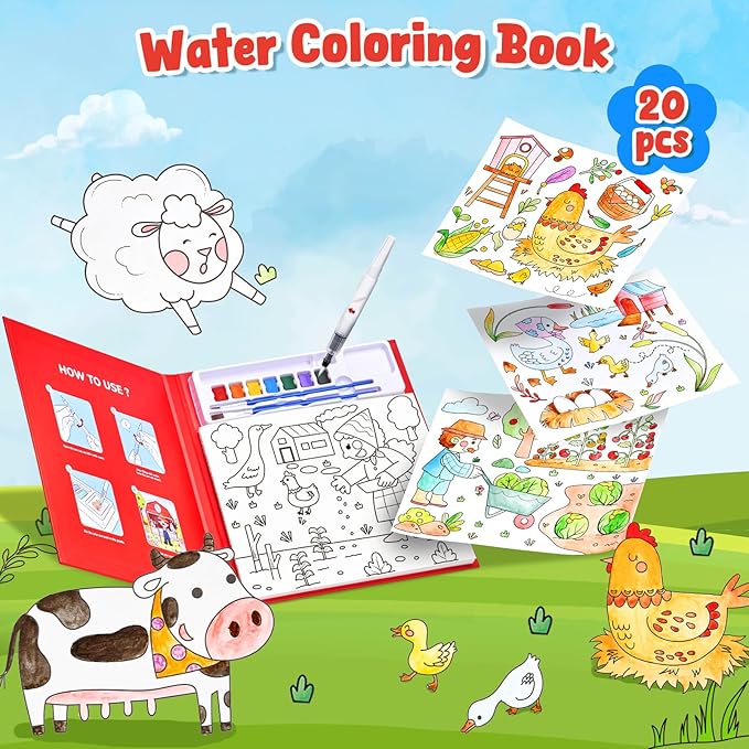 JoyCat Paint with Water Coloring Books for Toddlers, Watercolor Painting Sets for Kids Ages 3-5 4-8, Arts and Crafts Drawing Activities Toy Birthday Gift for Boys Girls (Farm)