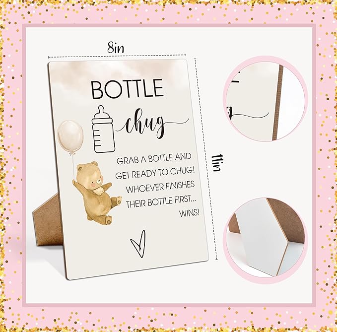 Baby Shower Games Bottle Chug Sign-8x11 Inches Little Bear Wooden Sign Baby Gift for Baby Shower Gender Reveal Party, Gender Neutral Baby Bottle Shower Party Games Favors Supplies-6