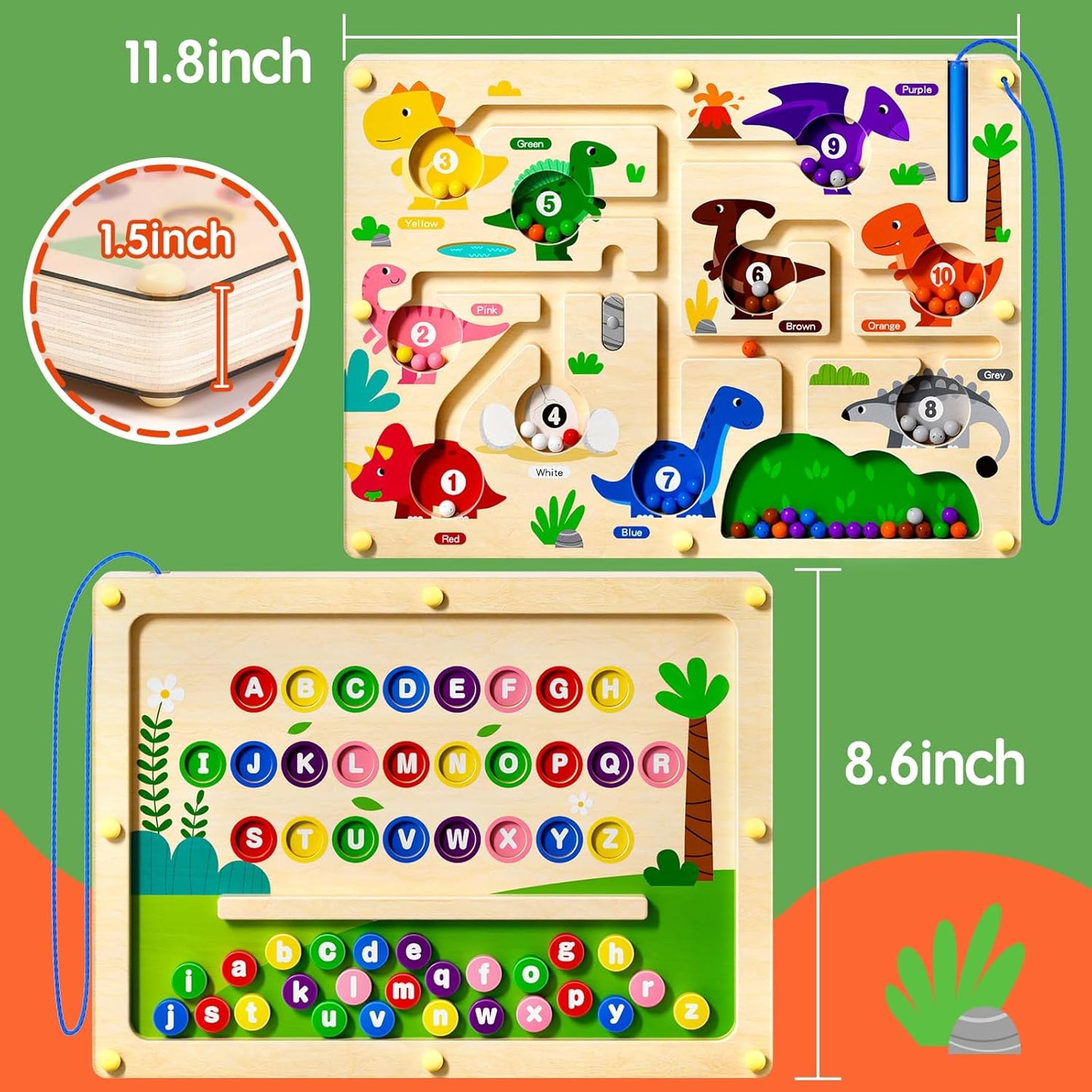 2 in 1 Magnetic Color and Number Maze Double-Sided ABC Alphabet Puzzles Board Magnet Dinosaur Counting Maze Preschool Learning Montessori Education 3 4 5 Years Toys