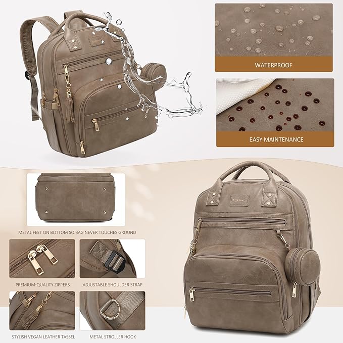 Premium Vegan Leather Diaper Bag Backpack with Waterproof Changing Pad, Reinforced Zippers & Odor-Free, 20 Pockets Pro Organizer, Fits 15.6" Laptop, Stroller Straps, Baby Bag for Mom, Taupe
