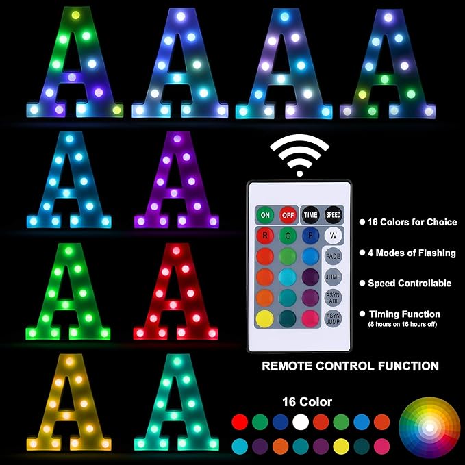 Foaky Colorful LED Letter Lights with Remote,Marquee Light Up Letters Sign for Night Light Wedding/Birthday Party Battery Powered Christmas Lamp Home Bar Decoration(U)