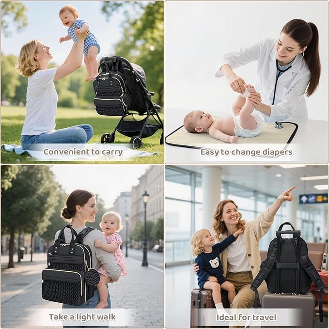 CandyHome Diaper Bag Backpack, Stylish Travel Baby Diaper Bags with Changing Pad, Insulated Pockets, Waterproof Baby Bag Converts into Tote Bag, Diaper Backpack, Stroller Bag (Black)