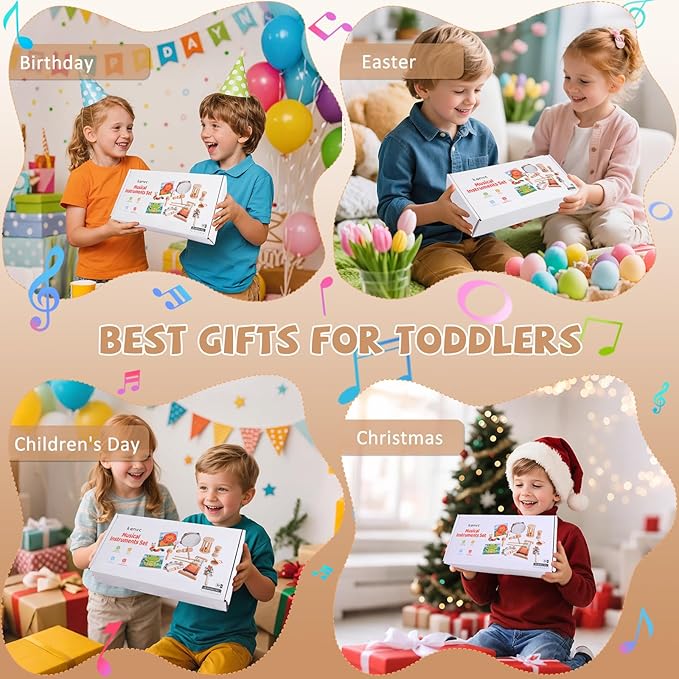 15 PCS Baby Musical Instruments Set, Toddler Musical Instruments Montessori Natural Wooden Percussion Instruments Music Toy Set with Wooden Puzzles, CPC Certified Music Toys for Toddlers 1-6