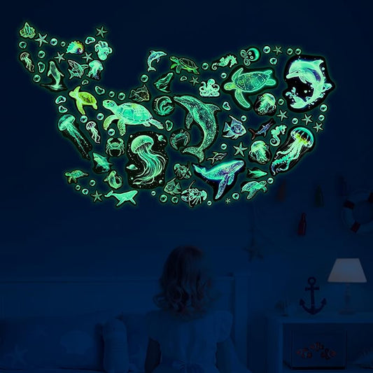 Fantasy Ocean Fish Wall Decals Glow in The Dark, Colorful Neon Ocean Animal Wall Stickers for Kids, Waterproof Vinyl Sea Creature Stickers, Ceiling Walls Room Bathroom Bedroom