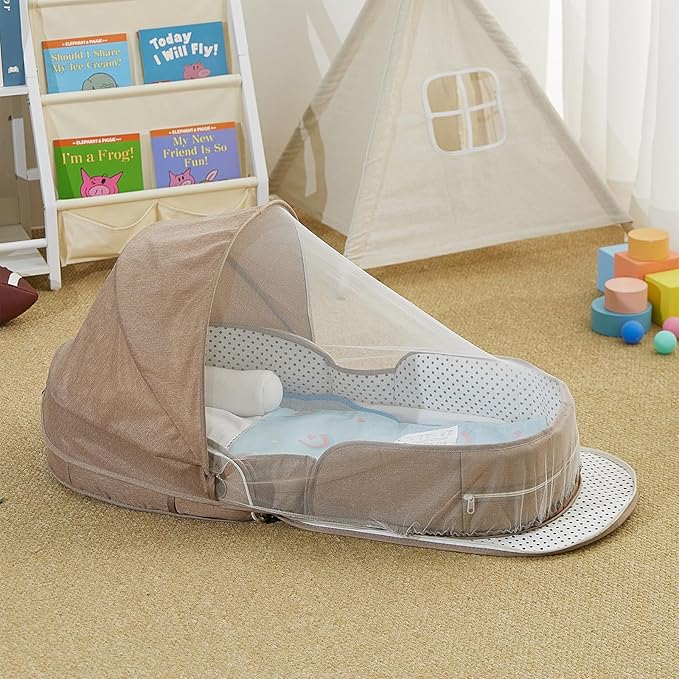 Baby Travel Bassinet Portable Bassinets, Foldable Carry Bag Bassinet Travel Crib, Lightweight Baby Lounger Pod Infant Bed with 2-1 Mosquito & Canopy (Khaki)