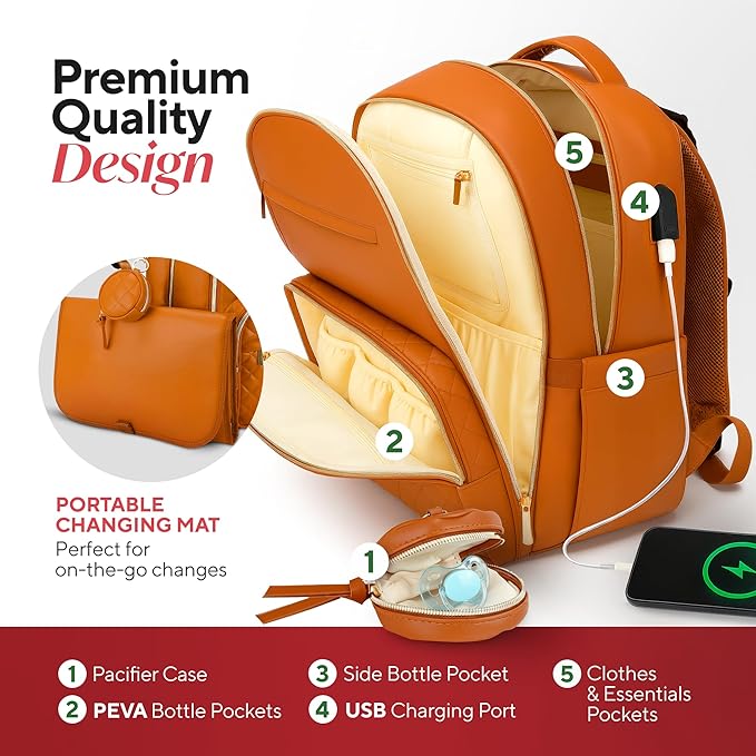Award-Winning Premium Leather Diaper Bag Backpack – Stylish, Durable, Waterproof Vegan Leather with PEVA Changing Pad & Baby Headrest, Travel-Friendly, Organized for Busy Parents
