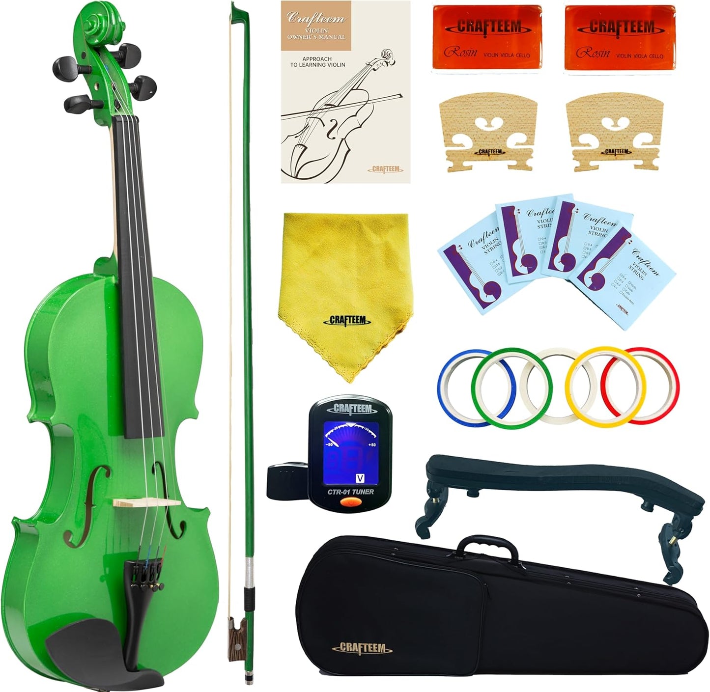 4/4 Full Size Fiddle Green Colored Premium Violin Outfit for Beginners Adults Kids With 5 Color Fingering Tape- Handcrafted Student Beginner Violin.(Green, 4/4 Full)