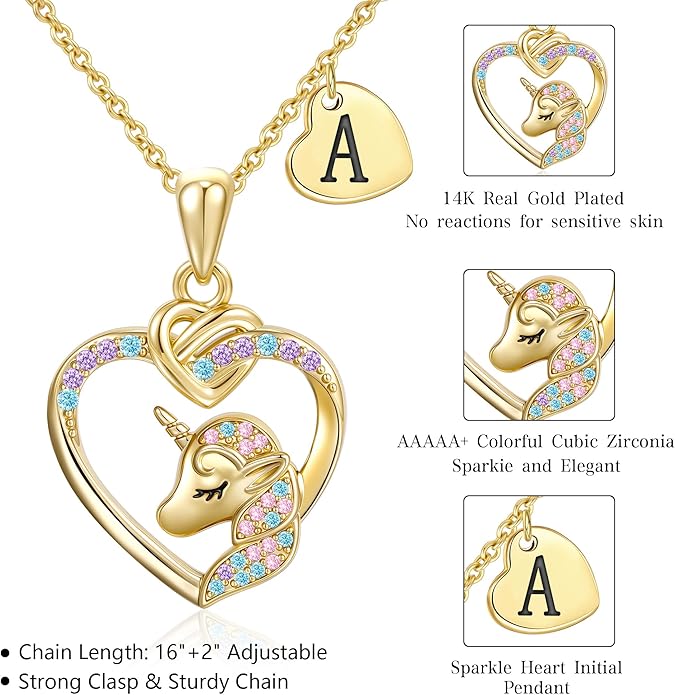 Unicorn Initial Necklaces Gifts for Girls Kids - 14K Real Gold Plated Heart Initial Unicorn Necklace Teen Girls Gifts Trendy Stuff Heart Letter Necklace for Women Girl Kids