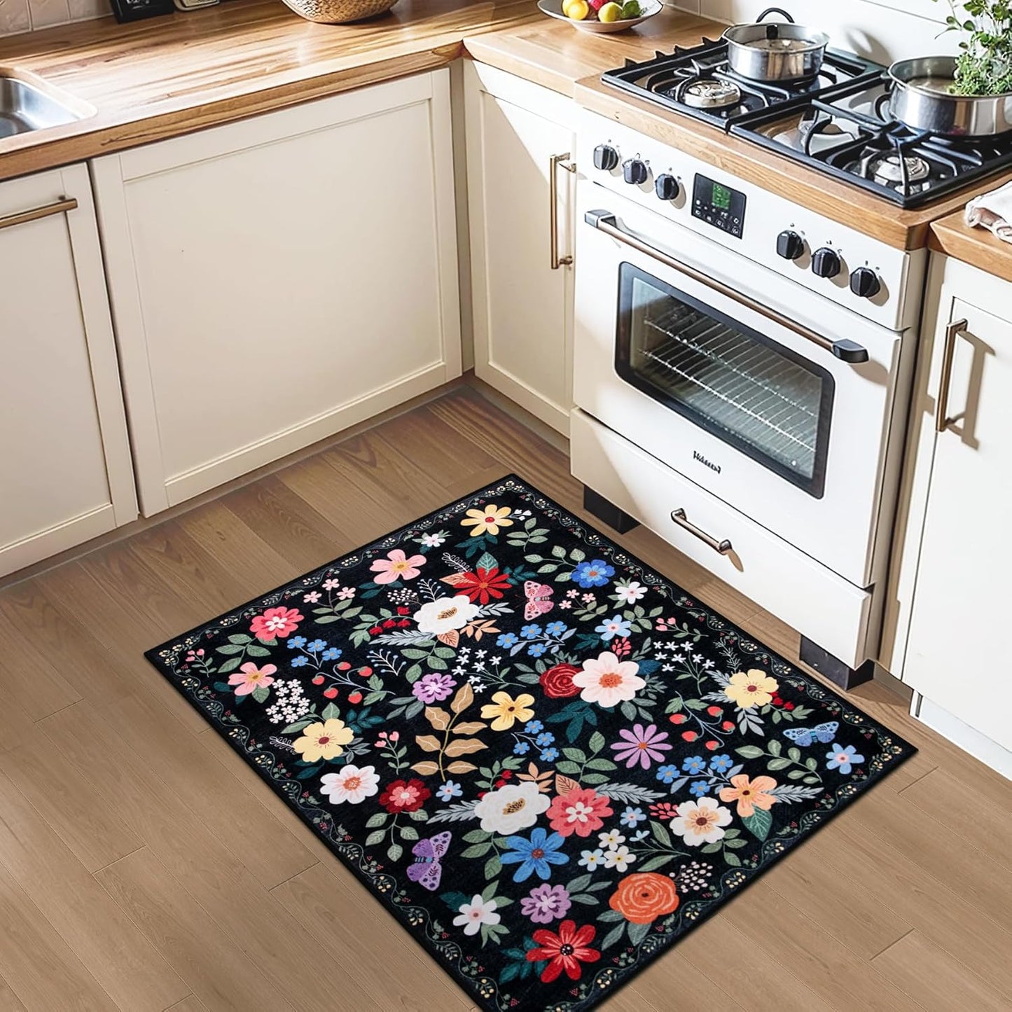 Entryway Rug 2X3 Small Rugs: Floral Washable Door Mat Vintage Soft Low Pile Non-Slip Kitchen Rugs Stain Resistant Indoor Throw Rug for Entrance, Bedroom, Kitchen, Laundry, Bathroom Black