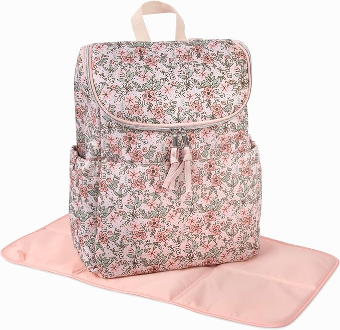 Multi-Function Floral Diaper Backpack and Travel Nappy Baby Bag with Changing Pad and Stroller Straps (Freshly Floral)