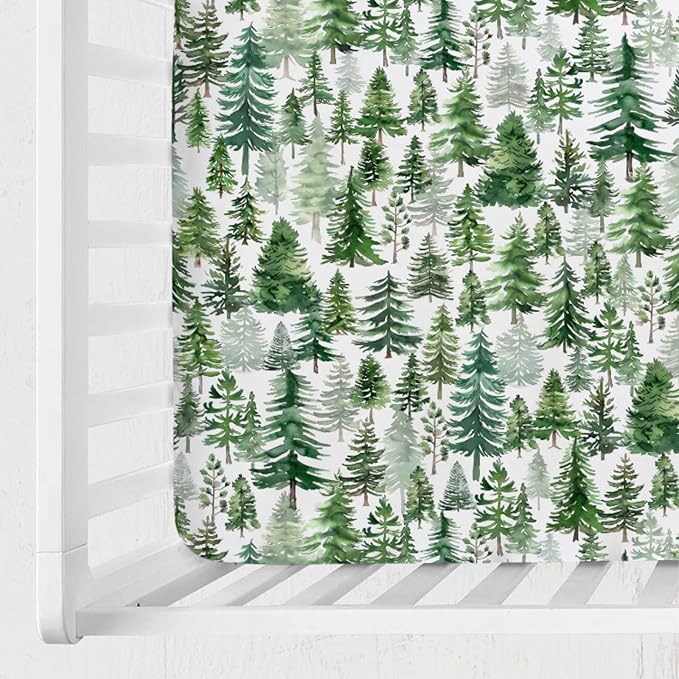 Watercolor Green Pines Baby Crib Sheet 52''x28'' Pine Trees Snug Fitted Crib Mattress Cover for Boy Girl Winter Soft Baby Bed Sheet for Standard Crib and Toddler Mattresses