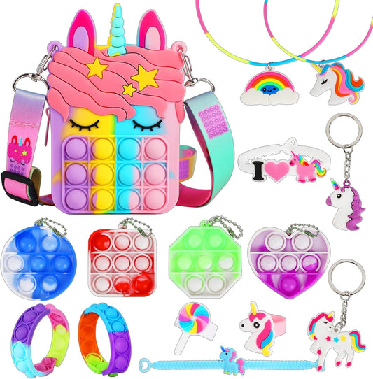 Fidget Purse, Pop Fidget Push It Bubble Popper Unicorn Bag with Bulk Fidget Bracelets Key Chain Stress Relief Toys for Girls Ages 3-12 Gift Easter Basket Stuffers Birthday Party Favor Xmas Stocking