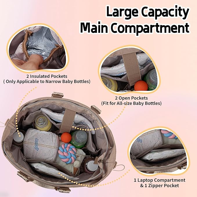 Diaper Bag Tote, Large Tote Baby Diaper Bag with 15.6" Laptop Compartment and Insulated Pockets, Crossbody Hospital Bags