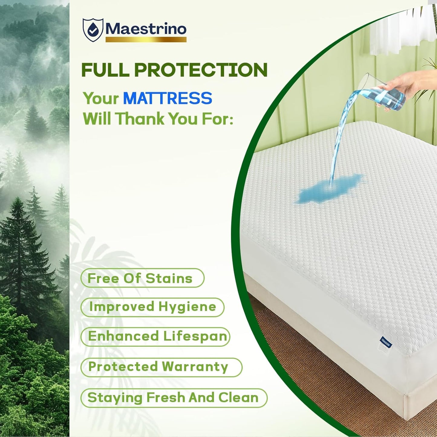 Premium Tencel Full Size Mattress Protector Cover in White, Natural and Skin Soft, Waterproof and Fully Fitted Deep Pocket, Hypoallergenic, Breathable, Noiseless and Absorbent