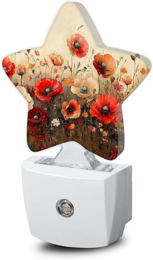 Night Light,Red Poppy Flower Plug into Wall with Dusk to Dawn Light Sensors,Vintage Floral Warm Star Nightlights for Bedroom,Bathroom,Hallway,Kitchen Home Decor Desk Lamp