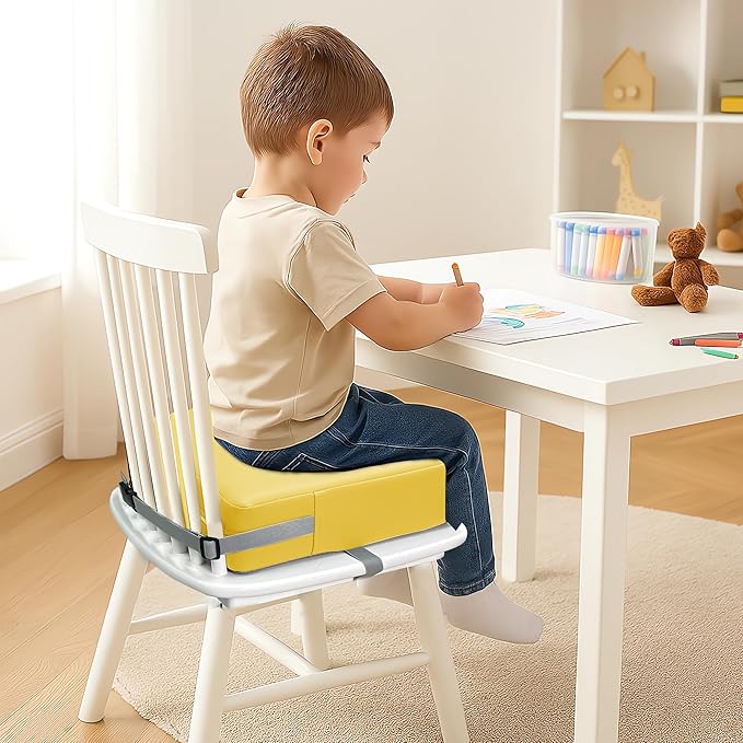 Toddler Booster Seat for Dining Table, 2 Elastic Seat Belts, Anti Scratch PU Skin-Friendly, Waterproof, Anti-Wrinkle, Detachable Non-Slip Bottom - Yellow