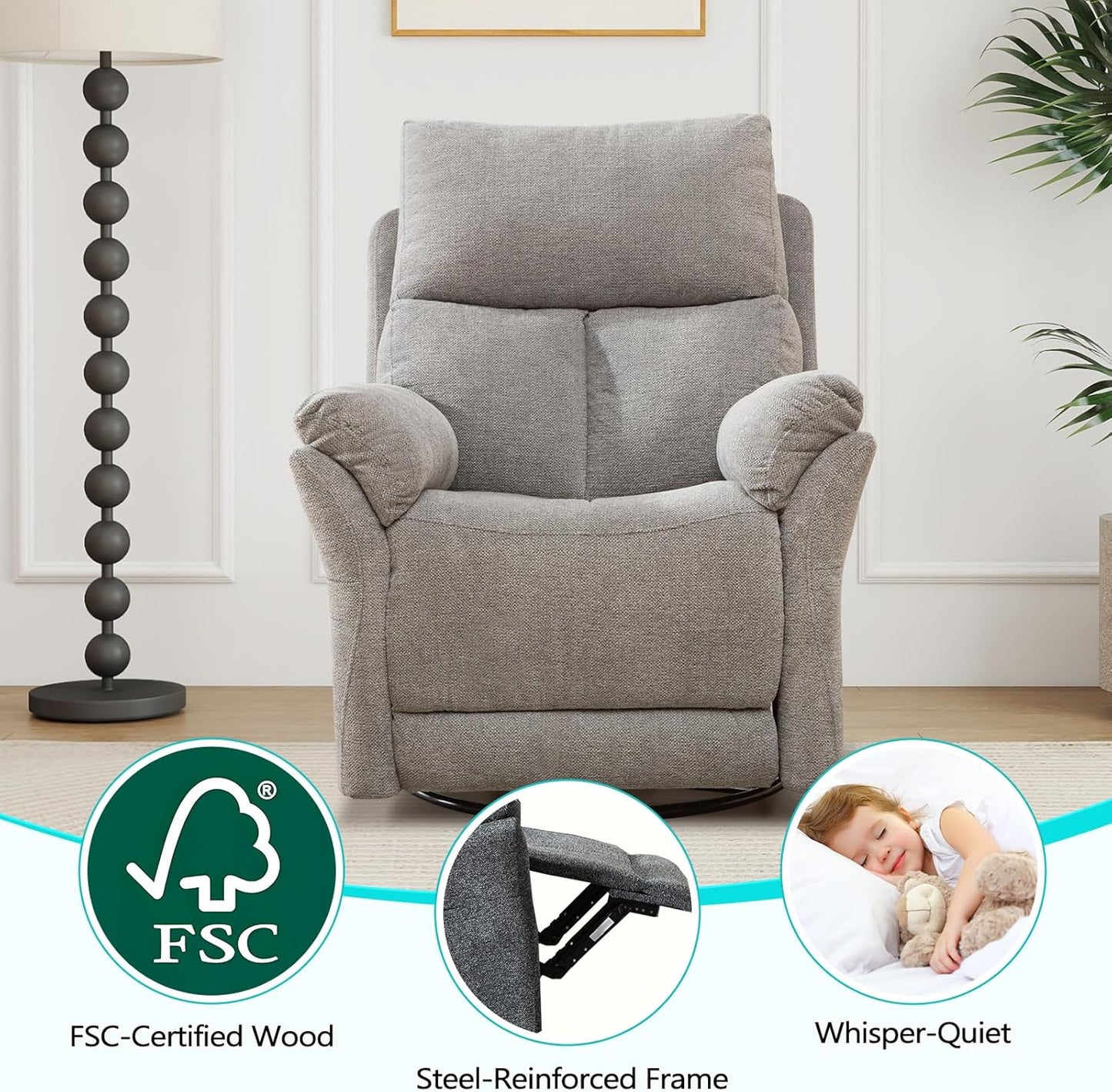 ANJ Swivel Rocker Recliner Chair, Manual Fabric Glider Nursery Recliner Chair, Single Rocking Modern Sofa Home Theater Seating for Living Room, Nursery (Silver)