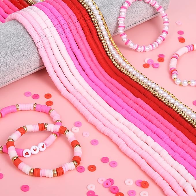 AceFun 3750PCS Clay Beads for Bracelets Making Polymer Clay Beads Kit with Pearl Beads Spacer Beads, Disc Heishi Beads Set for Jewelry Making Necklace Bracelet Earrings Finding, Pink Mixed
