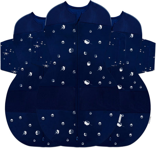 Happiest Baby SNOO Sleep Sack - 100% Organic Cotton Baby Swaddle Blanket - Doctor Designed Promotes Healthy Hip Development - 3-Pack Bundle (Midnight Planets, S, M, L)