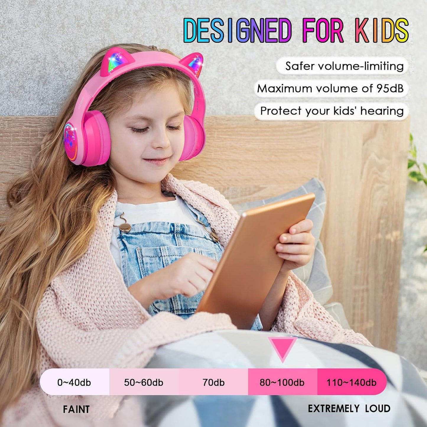 IFECCO Kids Bluetooth Headphones with Microphone,Cute Light Up Cat Ear Children Girls Wireless Headphones Volume-limiting for School Travel Gifts