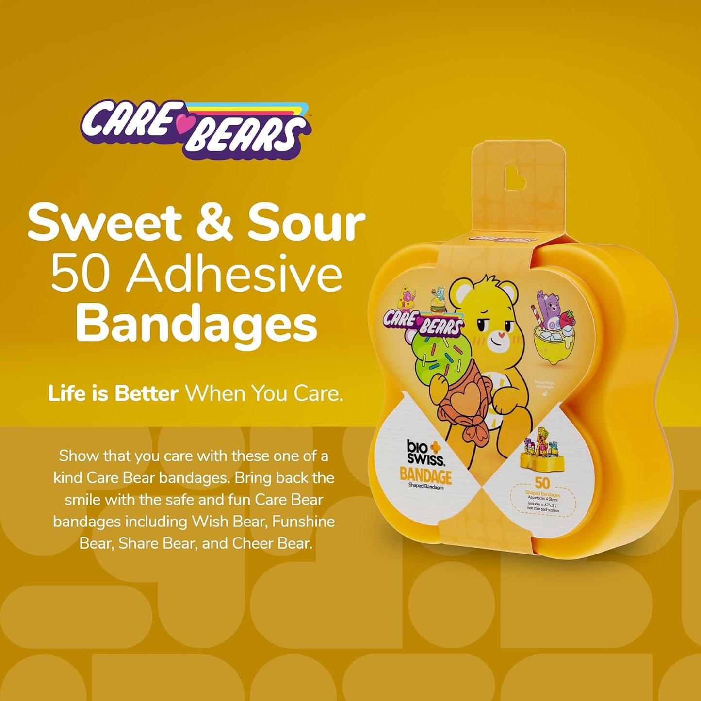 BioSwiss Care Bears Bandages, Sweet and Sour Care Bear Shaped Self Adhesive Bandage, Latex Free Sterile Wound Care, Fun First Aid Kit Supplies for Kids, 50 Count