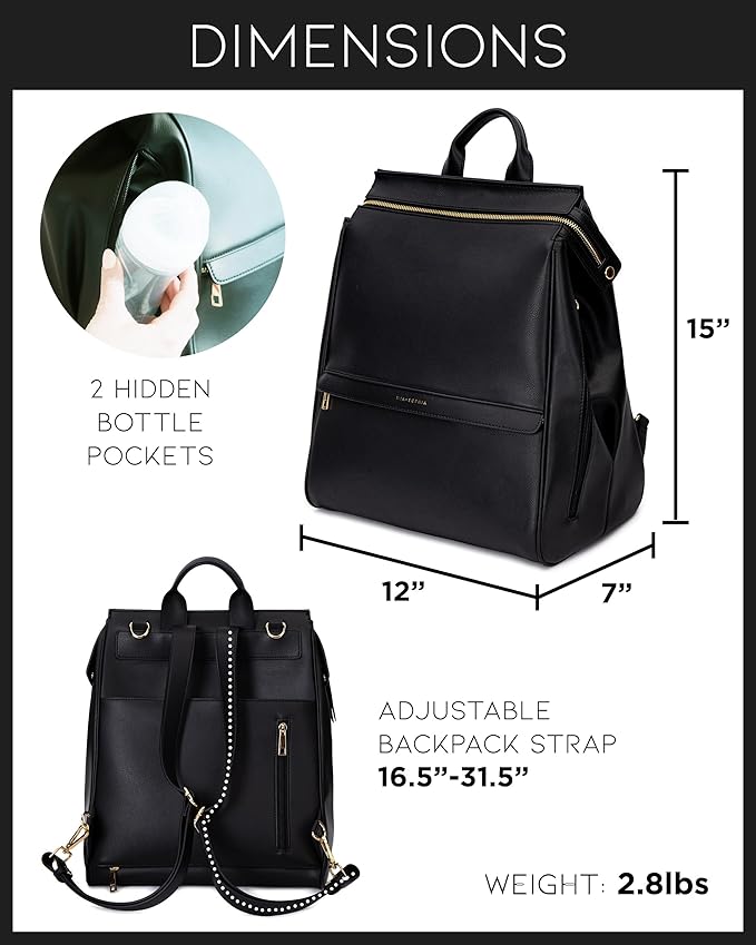 MIA + SOPHIA Leather Diaper Bag Backpack with USB Charging port, Changing Pad, Stroller Straps, and Bottle Holder (Black Sophia)