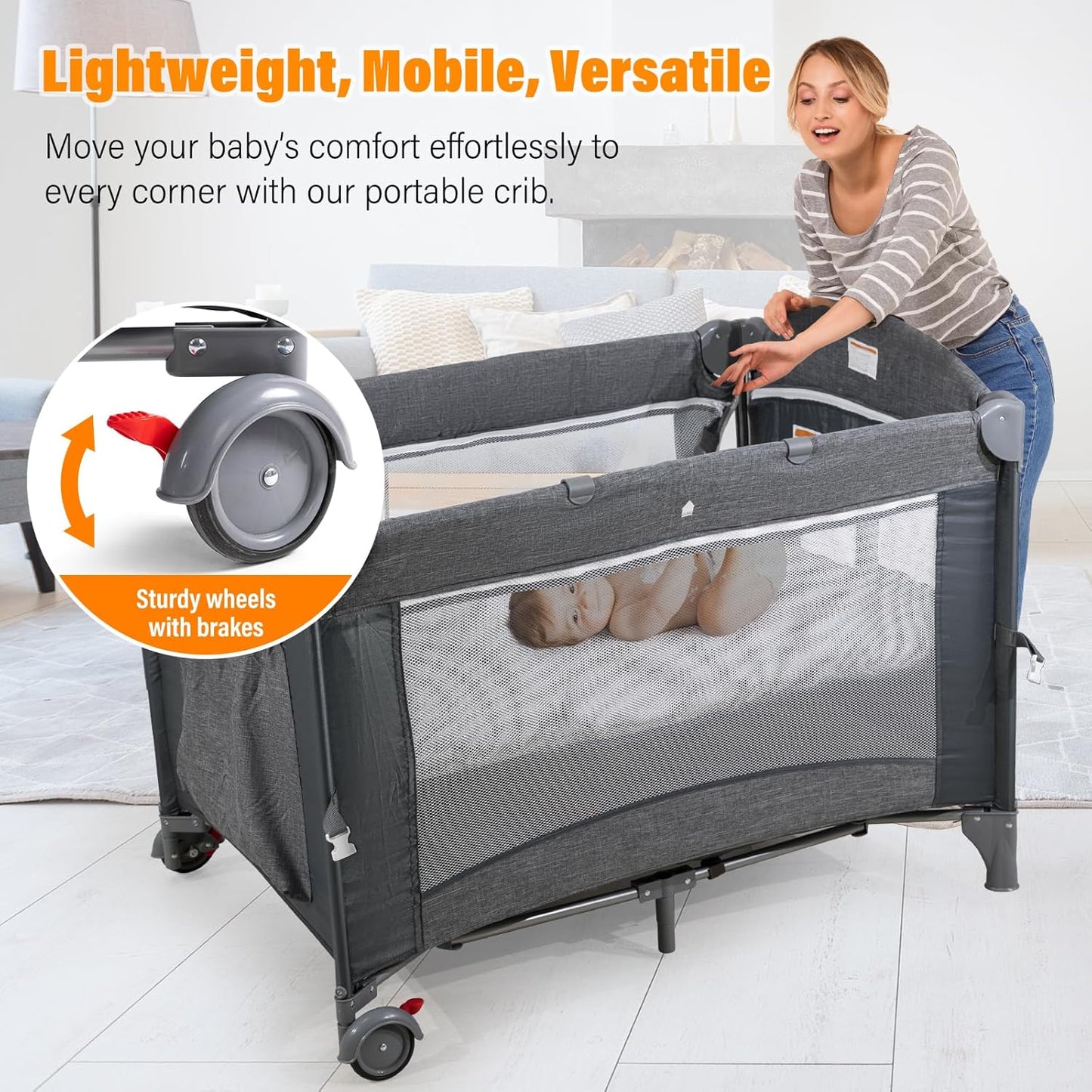 5 in 1 Baby Bassinet, Bedside Cribs, Pack and Play Changing Table, Portable Travel Baby Bassinet Toys & Music Box,Mattress for Girl Boy Infant Newborn (Grey)