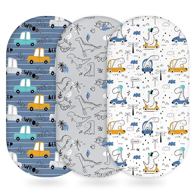 Baby Bassinet Sheets Girl Boy, Fitted Bassinet Sheet Set 3 Pack Bassinet Mattress Sheets Universal Fit for Rectangle, Round, Oval, Hourglass Mattress, Soft Breathable Grey & Blue Car