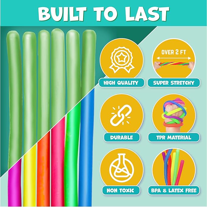 BUNMO Sensory Toys Stretchy Strings for Toddlers 3+ - Stimulating & Addictive Fidget Toys for Kids - Hours of Fun for Kids - Non-Mouthable Toy 3+ - Glow 6 Pack
