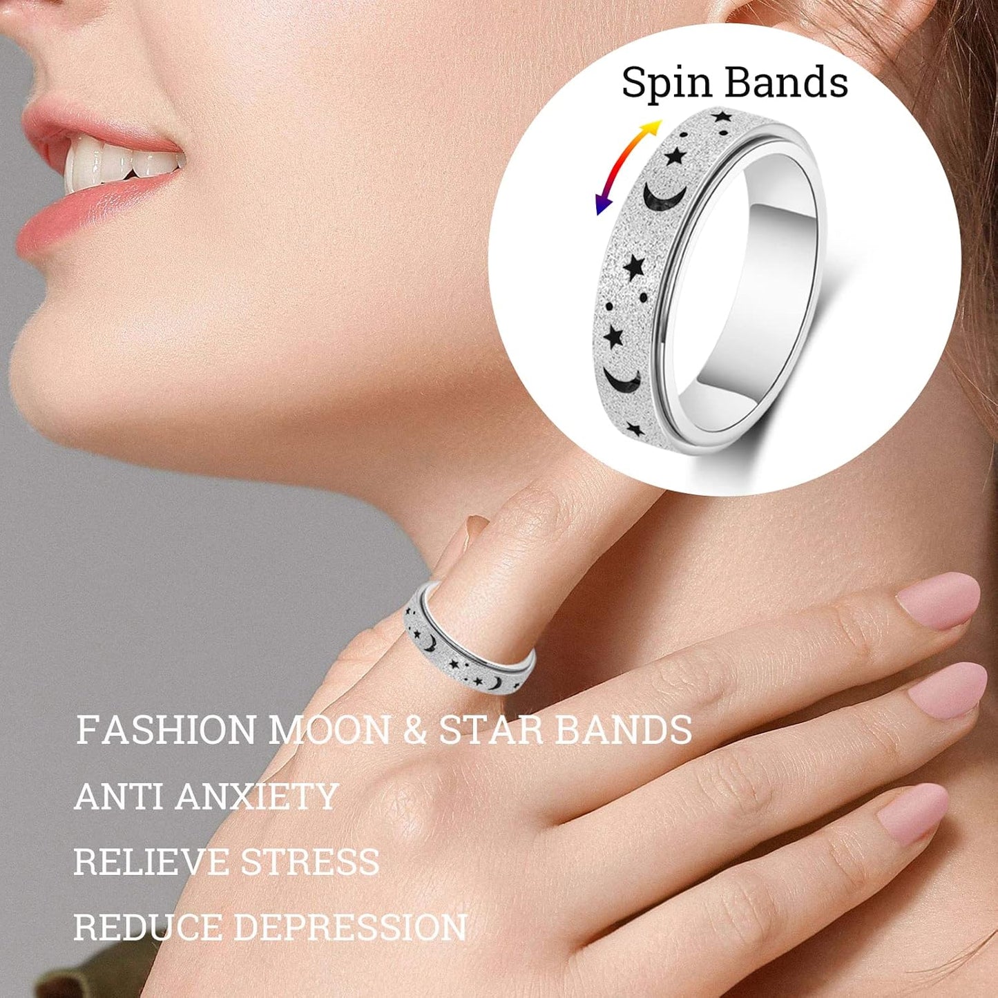 OreilleStar Anxiety Ring for Women Spinner Ring Fidget Ring Fidget Toys Adults Fidgit Ring Stainless Steel Thumb Rings Set Rose Gold Silver Rainbow Size 8