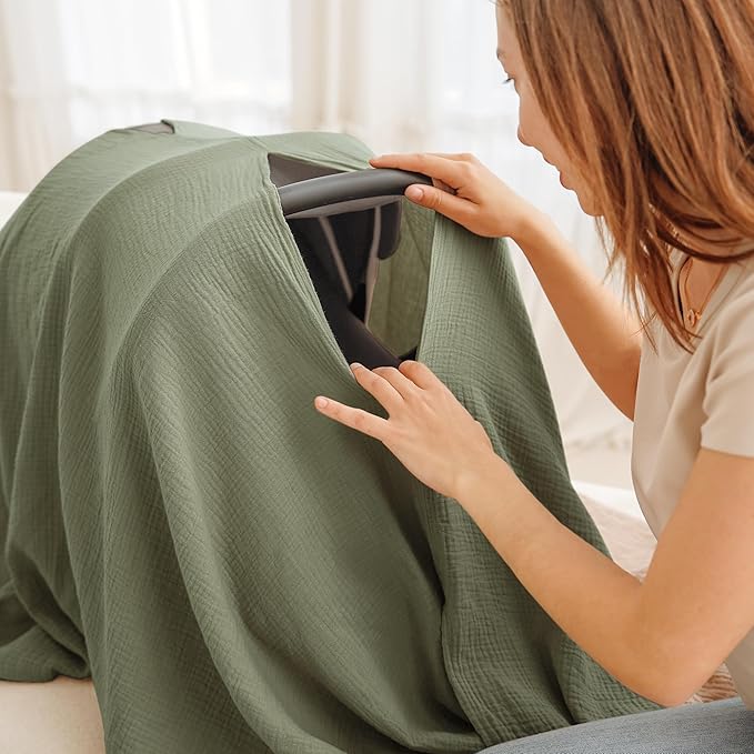 Konssy Muslin Nursing Cover for Breastfeeding, 360° Full Privacy Breathable 100% Cotton Breastfeeding Cover, Multi-use Carseat Canopy(Fog Green)