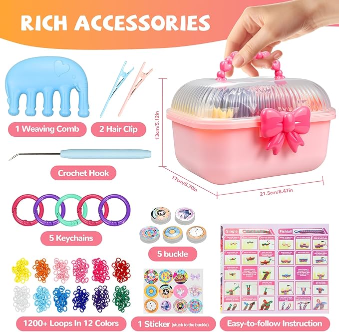 spcozgil Rubber Band Bracelet Making Kit, 1200+ Rainbow Elastic Cloth Loom Bands in 12 Colors, Weaving Loom Bracelets Kits for Girls, DIY Arts and Crafts Toys Christmas Birthday Gift for Kids