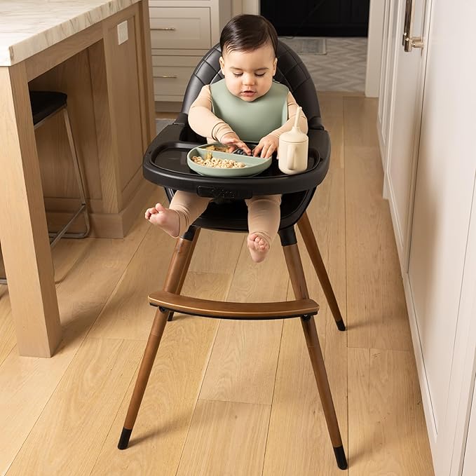 Convertible High Chair for Babies, Toddlers, Kids & Children - Wooden Highchair with Adjustable Height & Dishwasher Safe Tray - Wood Feeding & Dining Chair - Converts to Booster Seat (Black)