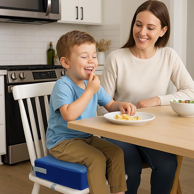 Toddler Booster Seat for Dining Table, 2 Elastic Seat Belts, Anti Scratch PU Skin-Friendly, Waterproof, Anti-Wrinkle, Detachable Non-Slip Bottom - Dark Blue