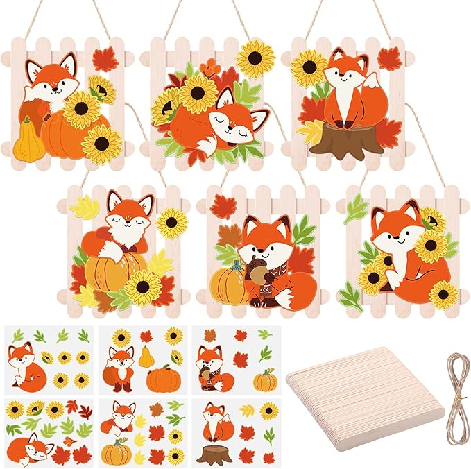 Jetec 24 Sets Fall Sticker Crafts Kits DIY Wooden Fox Fence Autumn Ornament Crafts with Stick Make Your Own Fall Fox Handmade Artwork for Autumn Thanksgiving Party Favors Home Activity Decoration
