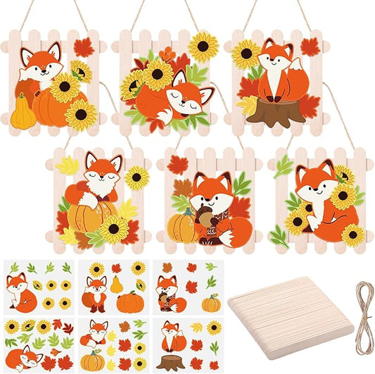 Jetec 24 Sets Fall Sticker Crafts Kits DIY Wooden Fox Fence Autumn Ornament Crafts with Stick Make Your Own Fall Fox Handmade Artwork for Autumn Thanksgiving Party Favors Home Activity Decoration