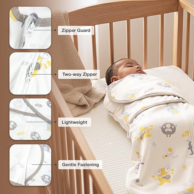 Baby Swaddle Sleep Sack, nursery essentials, easy night time diaper change 100% Cotton, (Medium, Baby Monster)