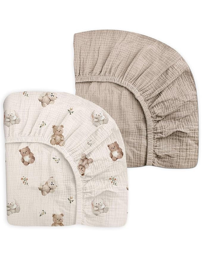 Pack and Play Sheets for Baby Boy and Girl 2 Pack, Neutral Muslin Cotton Pack N Play Mattresses Sheet 27"x39", Muslin Nursery Bedding Soft and Breathable Comfort (Teddy & Friends)