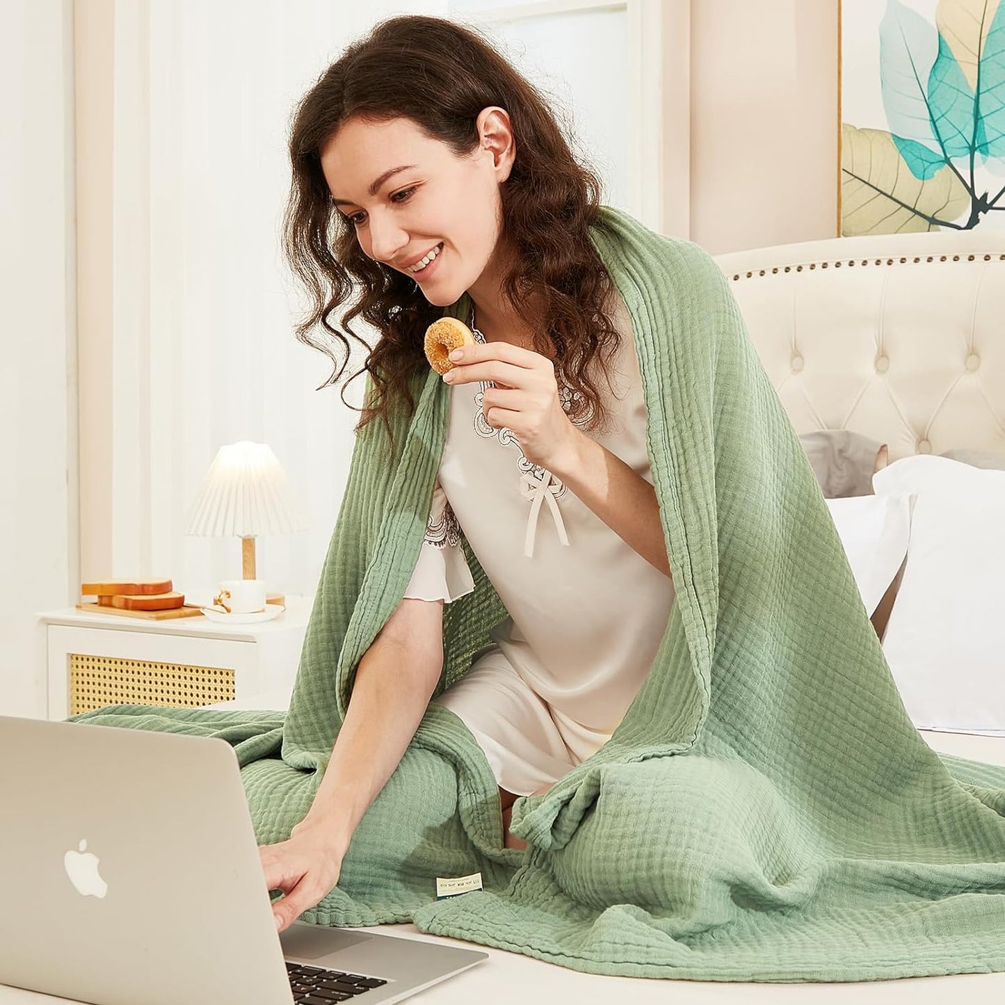 EMME Cotton Twin Blanket for Couch Soft Airy Muslin Bed Blankets Lightweight Breathable Blanket All Season Gauze Blanket, Sage Green