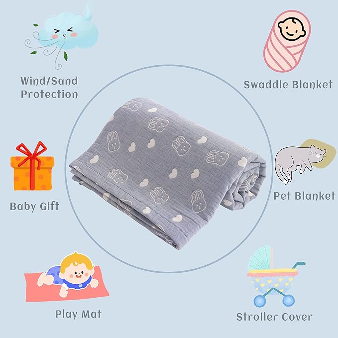 NTBAY 3 Layer Muslin Cotton Toddler Blanket, Jacquard Reversible Nursery Bed Blanket, Super Soft and Thermal for All Seasons, Decoration Gift, 30"x40", Blue Rabbit