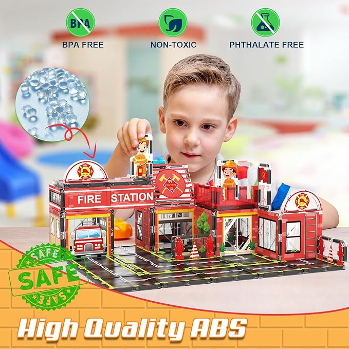 Magnetic Tiles, 50PCS Fire Station Theme Building Blocks Set, Magnet Building Blocks and STEM Preschool Toys for Toddlers Kids Ages 3-5 5-7 8-10