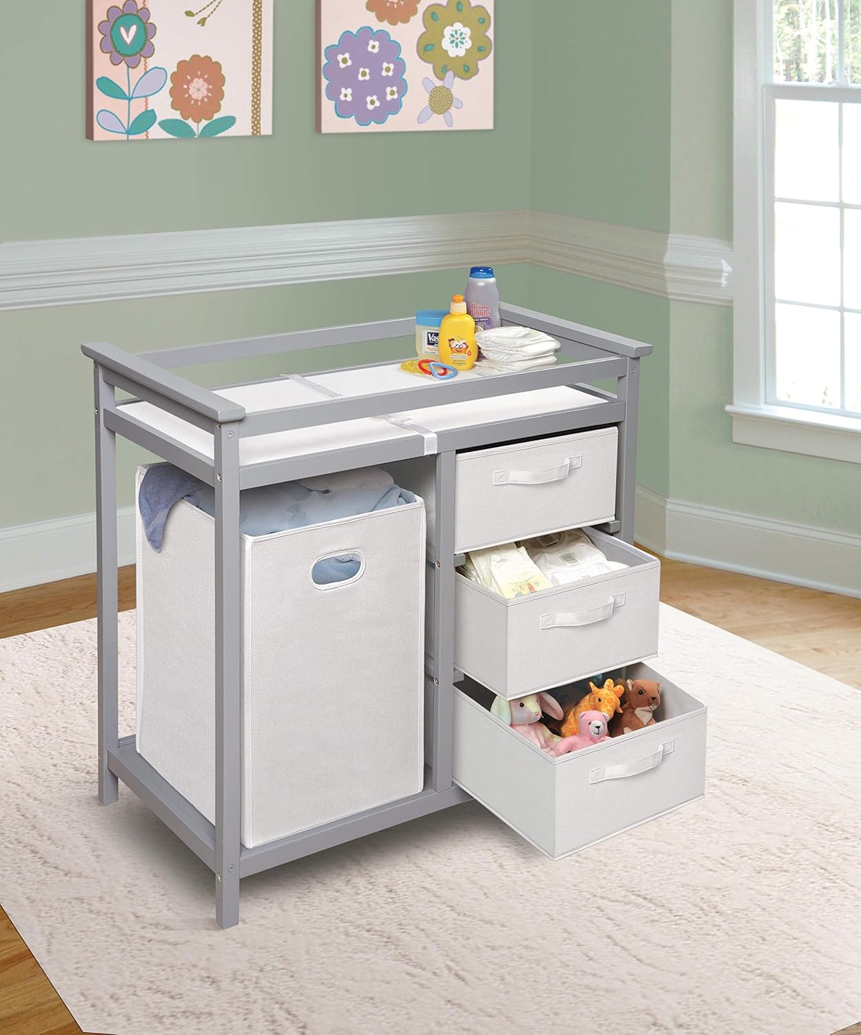 Badger Basket Modern Baby Changing Table - Portable Diaper Station with 3 Drawers Pad & Hamper - Storage Organizer for Baby Diapers & Toys - Gray/White