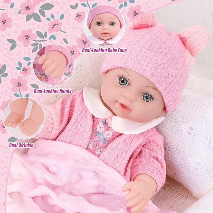 12" Baby Doll Set with Clothes and Baby Carrier for Dolls Reborn Baby Doll Accessories Include Feeding Bottles Nipple Toy Stuffs for Kids Age 3+