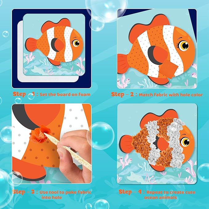 jackinthebox Poke Poke Art – Ocean Theme, Mess-Free Fabric Art and Craft, Flower Pressing Kits, Gift for Kids, Toys for Girls and Boys Ages 4 5 6 7 8