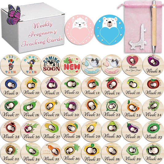 42 Designs Pregnancy Weekly Milestone Signs - Wooden Weekly Baby Bump Tracker Milestone Discs - Trimester Pregnancy Must Haves - Essential Gifts for Mommy to Be (Pregnancy Milestones Cards)