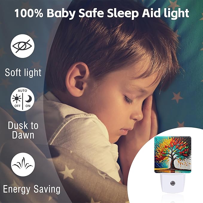 Colorful Life Tree Night Light Plug into Wall, Abstract Modern Artwork Oil Painting Dusk to Dawn Night Light Plug in,0.5w Energy Saving Sleep Friendly NightLight for Kids Boys Girls Home Decor